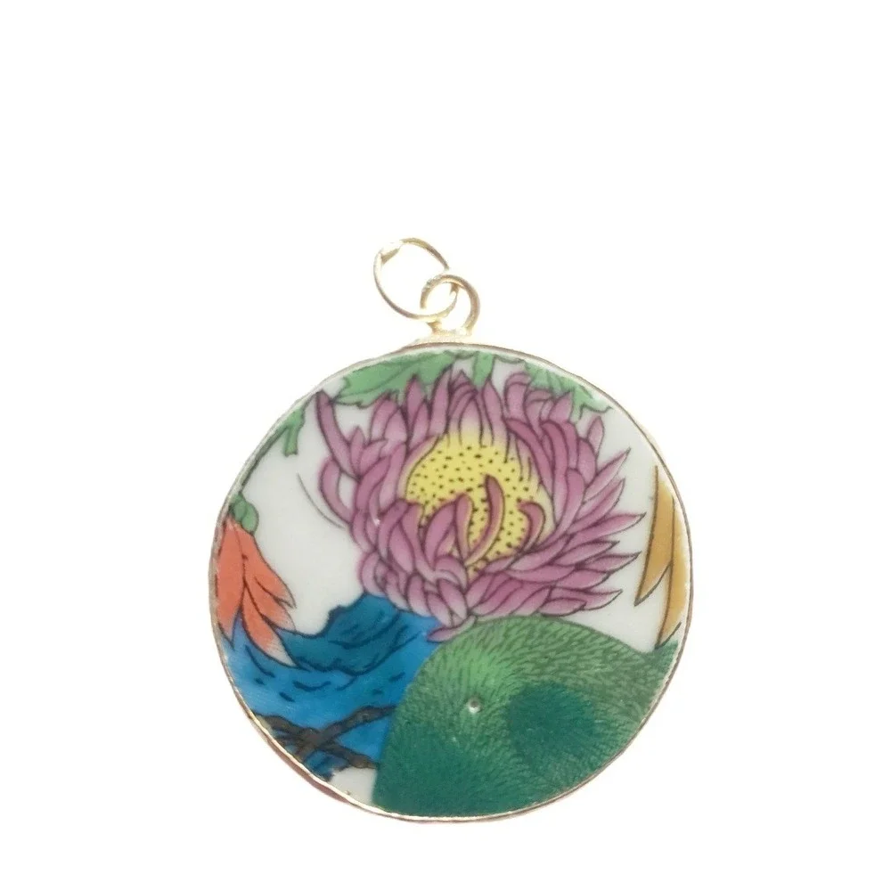 Blooming Chrysanthemum Flower Vintage Transferware China Pottery Shard Pendant